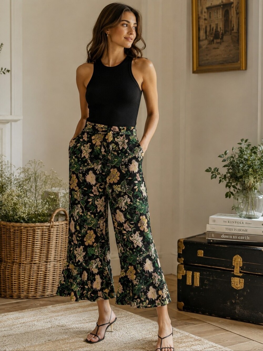 Club Monaco Floral Cropped Wide Leg Trousers High Rise Size 00 NWOT